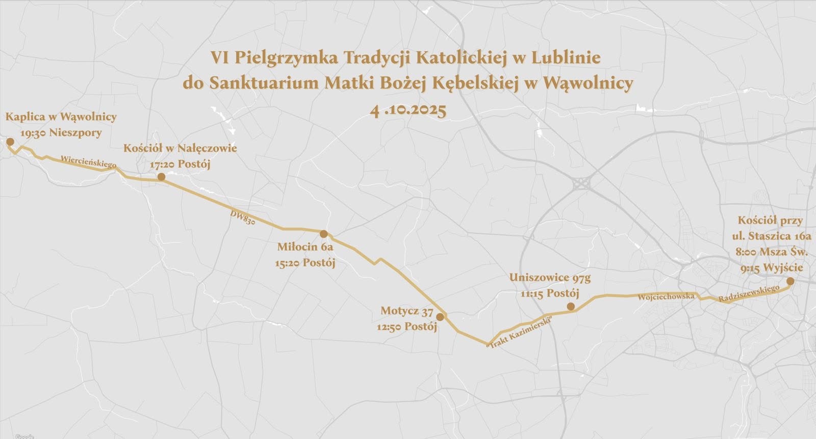 Mapa trasy VI Pielgrzymki Tradycji z Lublina do Wąwolnicy z godzinami postojów